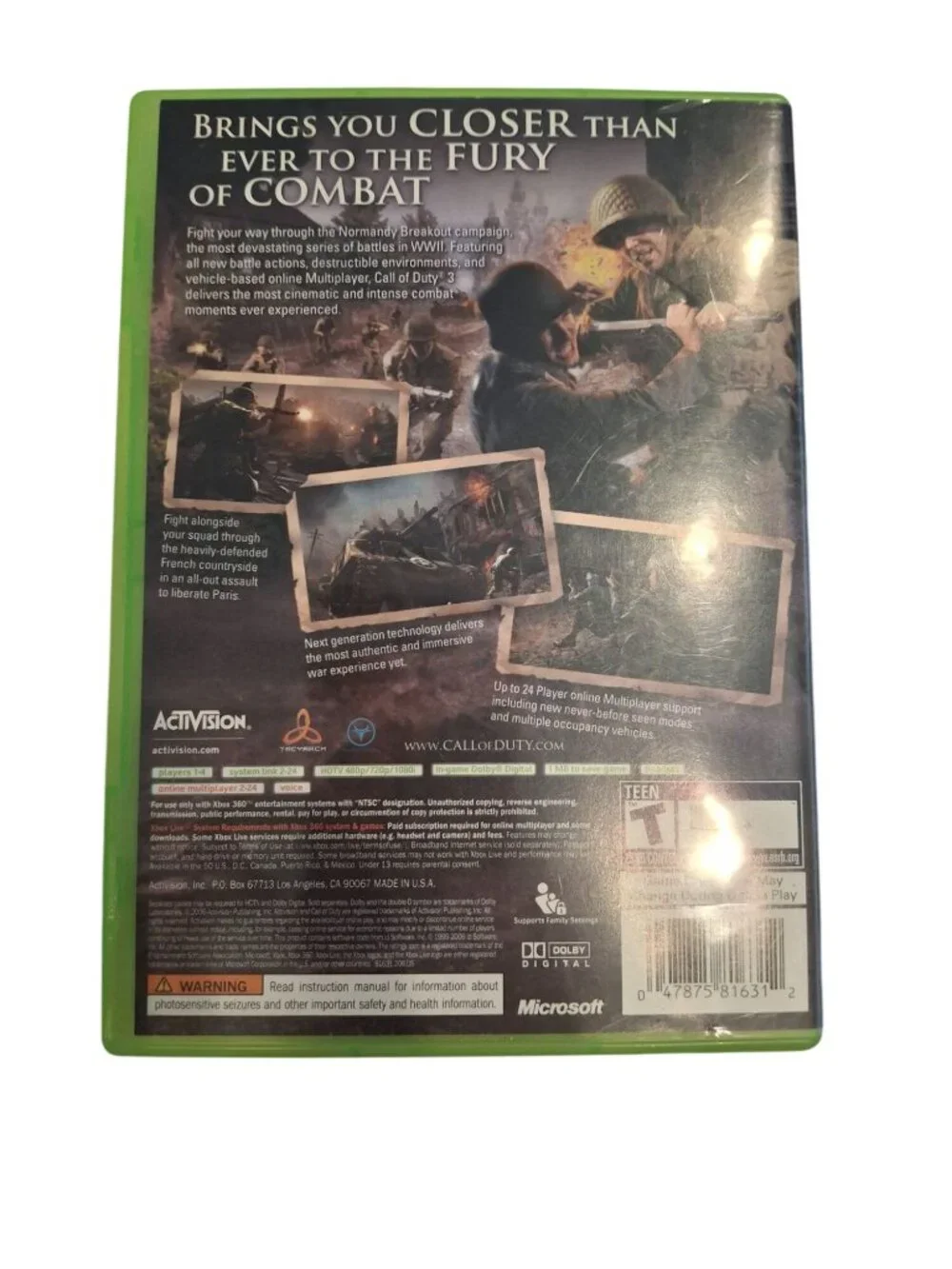 Call of Duty 3 Xbox 360 2006 CIB Manual Activision WWII FPS Shooter Game Tested